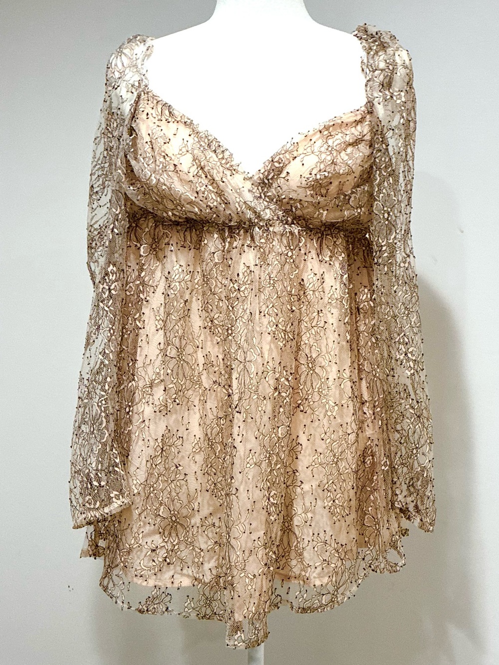 Free People Champagne Nude Lace Embellished Bell Sleeved Babydoll Top - Medium